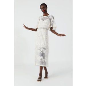NWT Zara white ivory lace crochet macrame detail midi maxi dress